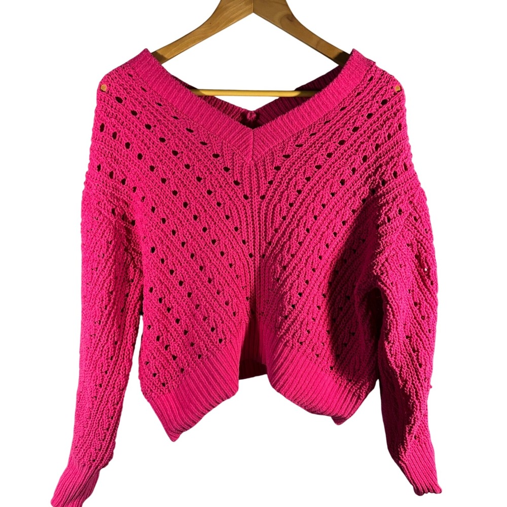 Pink Crochet Knit V Neck Sweater Cropped Oversized Size M